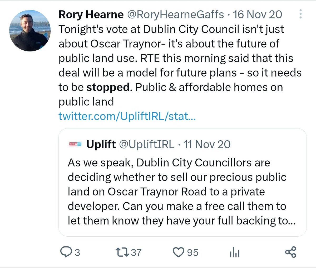 higginsdavidw's tweet photo. Rory's record on this is simple

2019: Opposed new rentals for Galway
2020: Opposed a public housing project for Oscar T Road 
2021: Opposed 1,600 rentals for Drumcondra
2022: Celebrated the end of new BTR rentals

Now in 2023, Rory says people have "nowhere to go" 🤷‍♂️ https://t.co/9hNJoRNrTK