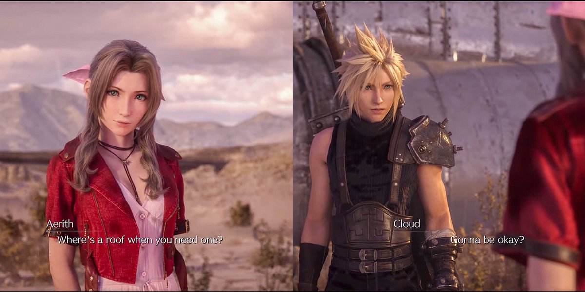 clerithBot's tweet image. Cloud remembers Aerith told him she was scared of leaving, and asks her if she's ok in #FF7RIntergrade #Clerith