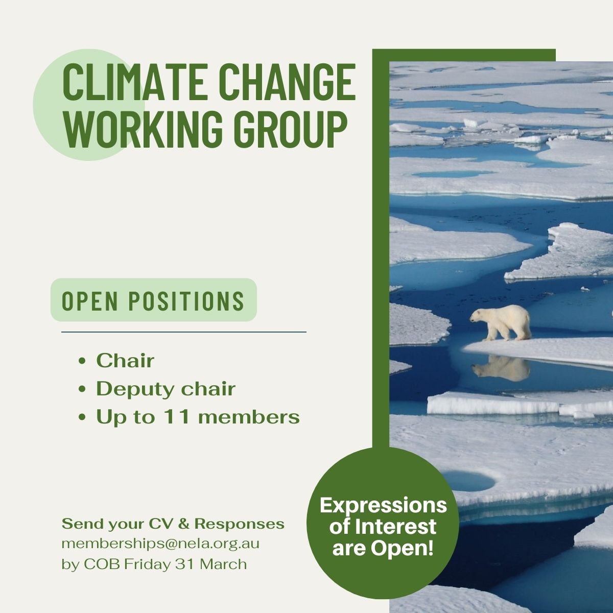 Expressions of Interest are open for our Climate Change Working Group. Check out our website: nela.org.au/resources/clim…