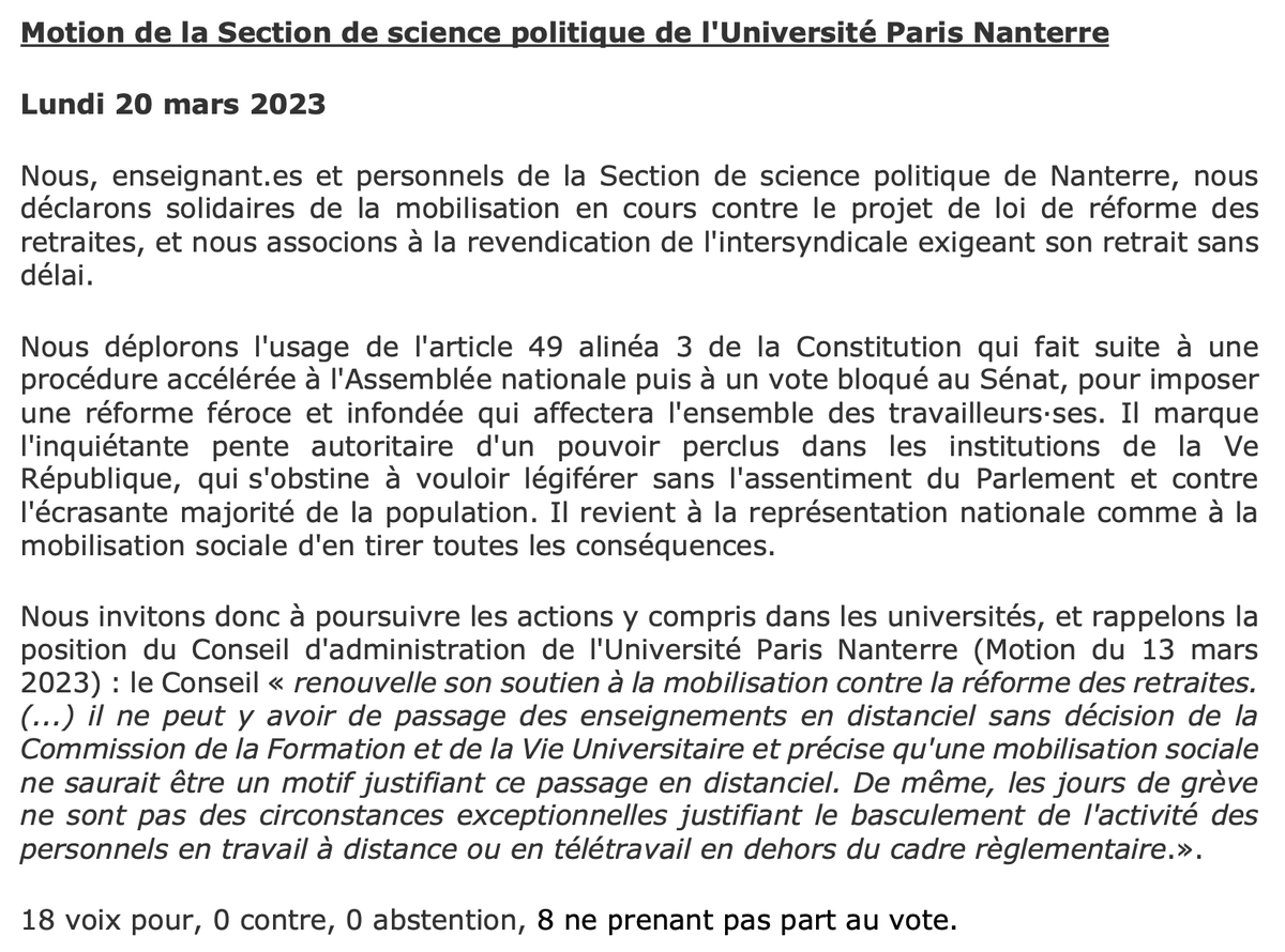 Je twt à nouveau la Motion de la section Science politique de Nanterre, postée hier, et mystérieusement disparue depuis.
