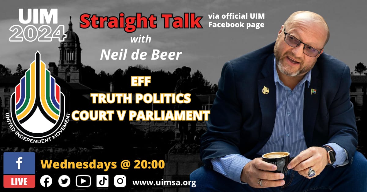 UIMSouthAfrica's tweet photo. #StraightTalk with #UIM President Neil De Beer Wednesday at 20:00 with topics: #EFF, #Truth #politics and court vs parliament
#southafrica #TogetherWeWill #uim #uimsa #uimsa2024 #southafrican #instagram #facebook #SA1st #sa #SApolitics #FacebookLive #ANCMustFall #twitter https://t.co/rcumzQtU6f