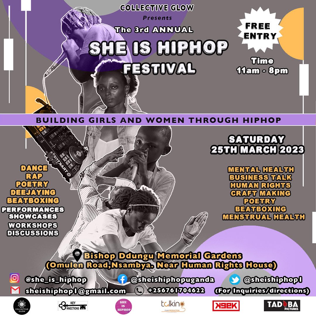 Celebrating our 3rd annual @she_is_hiphop #Festival this Saturday, 25th March 2023. Organized by @collectiveglow1 
📍Bishop Ddungu Memorial Gardens, Omulen Road, Nsambya. Near The Human Rights House, Kampala,Uganda.
11am - 8pm. FREE ENTRY &amp; open to everyone. Check flyer for info.