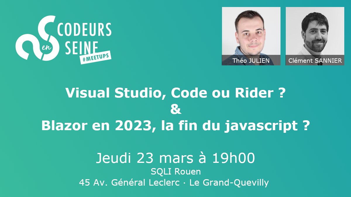 codeursenseine's tweet image. 📢 MEETUP jeudi 23 mars 19h00 📢
📅 C'est déjà demain que Théo et @csannierfr nous parlerons des meilleurs IDE pour coder en #csharp #dotnet et de #Blazor.
🎫 Inscription sur meetup.com/codeursenseine…
🔗 #meetup #codeursenseine chez SQLI Rouen