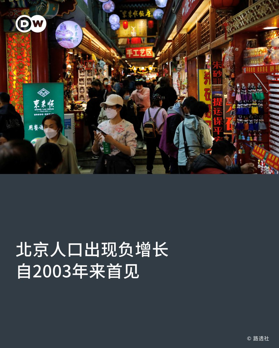 🇨🇳北京人口负增长自2003年来首见】 #中国官方周二（3月21日）公布数据显示， #北京的死亡率超越去年的出生率，使该市人口出现自2003年来首次的负增长。  根据北京政府数据统计，2022年北京人口为2184万，死亡率上升至千分之5.72人，出生率则降为千分之5.67人。