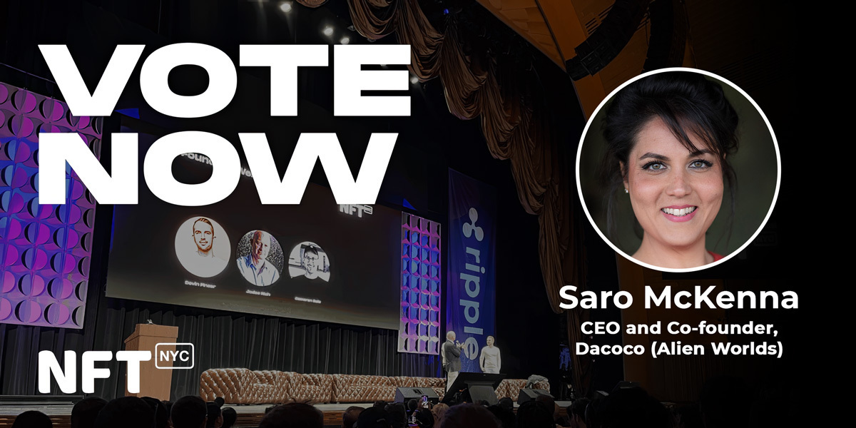 AlienWorlds's tweet photo. 📢Explorers, please vote for @dacocoio CEO and #AlienWorlds Co-founder Saro McKenna to speak on the main stage at this year's #NFT NYC conference!🎊
Your support is appreciated!❤️
Vote here now 👉 https://t.co/Z7gs9XHvHX
#AlienWorldsCommunity #iVoteAlienWorlds #Web3 #TLM #AWAO https://t.co/OFnNTNTubw