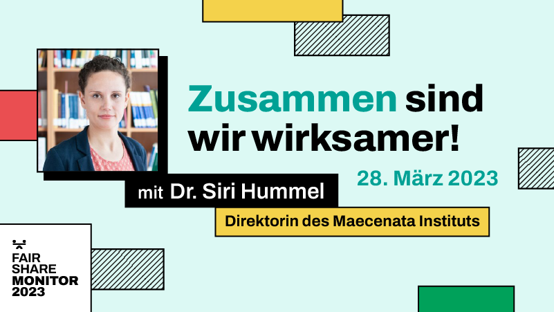 Welche Mehrwerte kann und sollte der #FairShareMonitor zivilgesellschaftl. Organisationen bieten?

Diese und weitere Fragen werden wir mit Dr. #SiriHummel @maecenata beim #FairShareMonitor Event diskutieren.

Weitere Infos 👉 bit.ly/MonitorEvent20…

#FrauenInFührung #monitoring