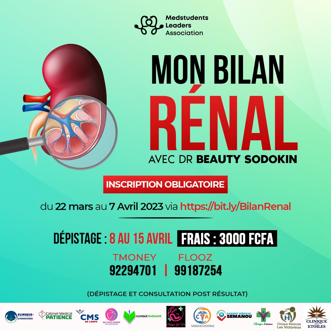 medstud_lead's tweet photo. Le saviez-vous ?Le bilan rénal est crucial pour maintenir la santé de vos reins. La plupart des maladies rénales ne montrent aucun symptômes jusqu'à ce qu'elles soient avancées.
Faites votre bilan rénal en vous inscrivant du 22 mars au 7 avril via ce lien https://t.co/A5Cb1G19t3 https://t.co/c9nLRwCuN8