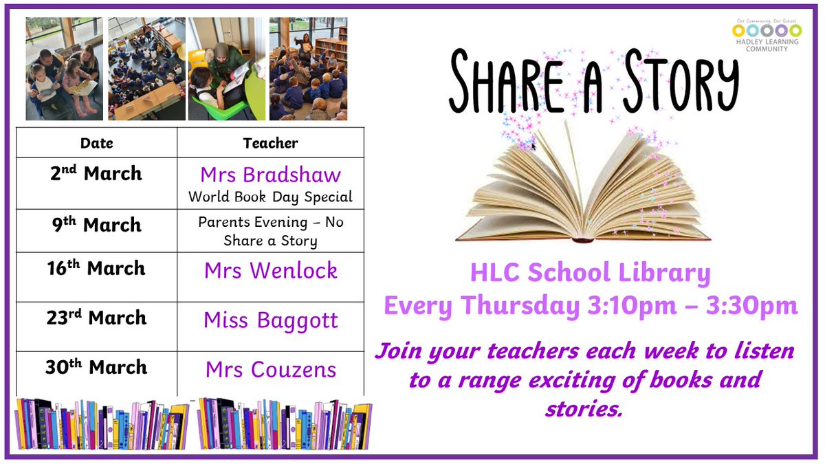 Mrs_Cooper5's tweet photo. Cannot wait for my first Share a Story tomorrow! I look forward to seeing you in the library at 3.10pm. @mrscouzens1 has recommended this super read for us to share. I would love to hear what books you are enjoying at the moment! @HLC_Primary https://t.co/G5fj0L6zlE