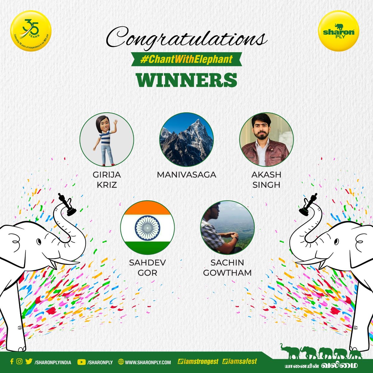 SharonPlyIndia's tweet photo. Another exciting contest comes to an end! We are thrilled to announce the winners of the #ChantWithElephant contest.
 
We appreciate your efforts, and you deserve a huge round of applause for all your support. 

We shall see you soon with our new contest. 
Till then, stay tuned! https://t.co/f4svmSqsft