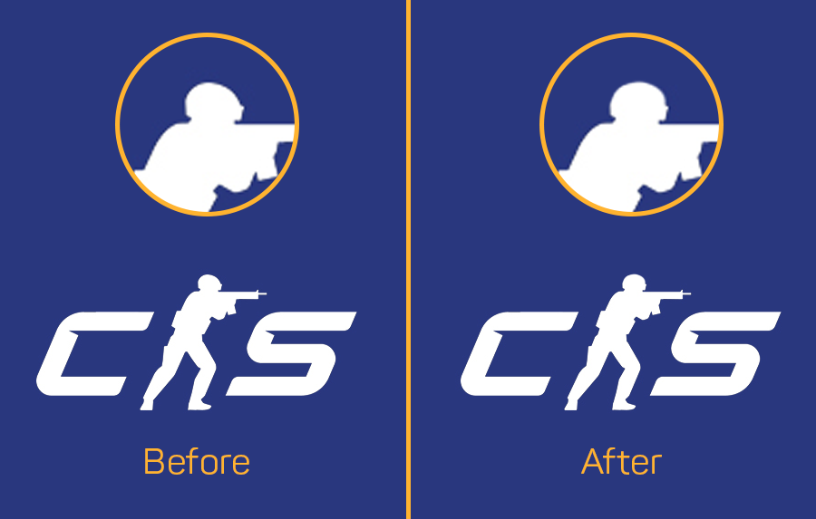 gabefollower's tweet photo. Okay, I looked at the new @CSGO logo again after a good nap and it looks cool, it's unique, clean, feels "in motion", but it needs some small fixes. I've been working on making logos and UI/UX for several years of my life and I hope my suggestion sound reasonable. Head proportions of this guy break the parallels. It should feel like three parallel lines tilted at a certain angle, but due to visual "weight" of his helmet, second line breaks that concept. A minor adjustment to his head would 100% solve this issue.