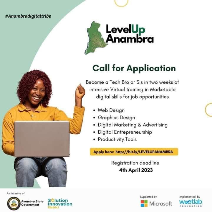 Ndi Anambra Youths if you are interested in the tech training that Anambra State Government is organizing in collaboration with Microsoft and Wootlab, please click on this link

bit.ly/LEVELUPANAMBRA

Please RT you might be helping someone