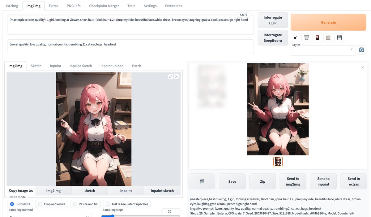 jinanbou519's tweet image. 右手がちょっとおかしかったのでimg2imgで「peace sign right hand」を追加したらなんとなくピースした。それにしてもUI上でimg2img出来るの楽だなー。

#stablediffusionwebui #aiart #AIイラスト #img2img