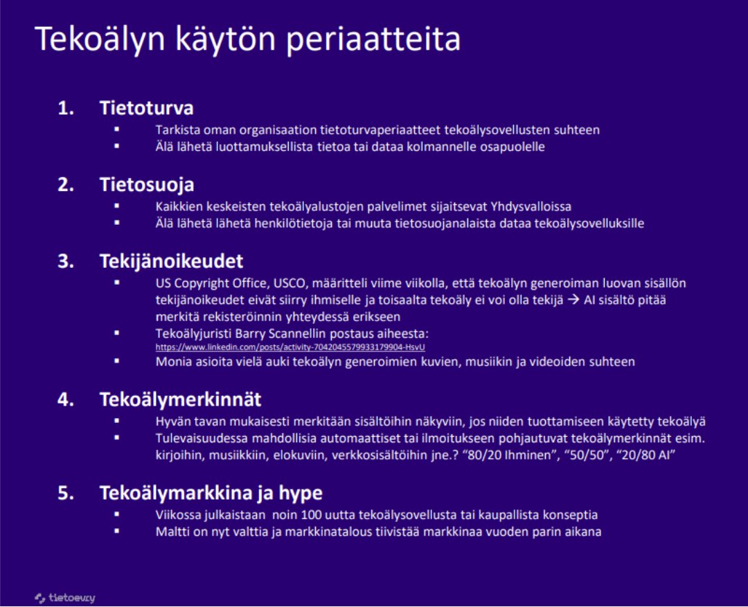 Toinen puhujamme Mikael Alatalo jakaa neuvoja tekoälyn käyttämiseen: Seulo tiukasti, mitä jaat tekoälyä käyttäessäsi ja kiinnitä huomiota mm. tekijänoikeuksiin. Katso Mikaelin jakamat, tärkeimmät vinkit kuvasta. #viestintä #tekoäly #AI