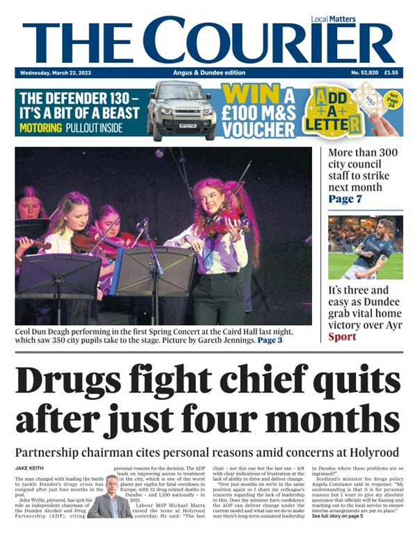 thecourieruk's tweet photo. Good morning from The Courier.

Today's Angus &amp; Dundee edition leads with the sudden exit of John Wyllie as independent chair of the Dundee Alcohol &amp; Drug Partnership: https://t.co/Jnrsdr8nhz

300 council staff will also strike next month: https://t.co/Wn97lwMjpQ 

#buyapaper https://t.co/5fUnXabTsf