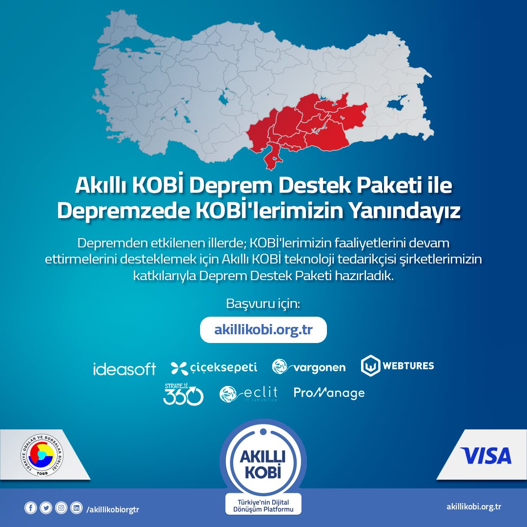 Akıllı KOBİ Deprem Destek Paketi ile depremzede KOBİ’lerimizin yanındayız. Depremden etkilenen illerde KOBİ’lerin faaliyetlerine devam etmelerini desteklemek için teknoloji tedarikçisi şirketlerimizle Akıllı KOBİ Deprem Destek Paketi’ni hazırladık. Başvuru akillikobi.org.tr