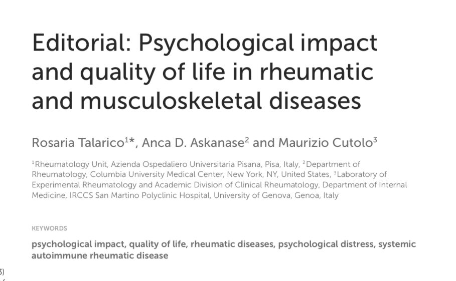 Just published on @FrontiersIn #Rheumatology our Editorial on #psychological impact and #qualityoflife in #rheumaticdiseases together with Prof Anca D. Askanase and Prof Maurizio Cutolo. #psychologicalimpact #rareandcomplexdiseases
