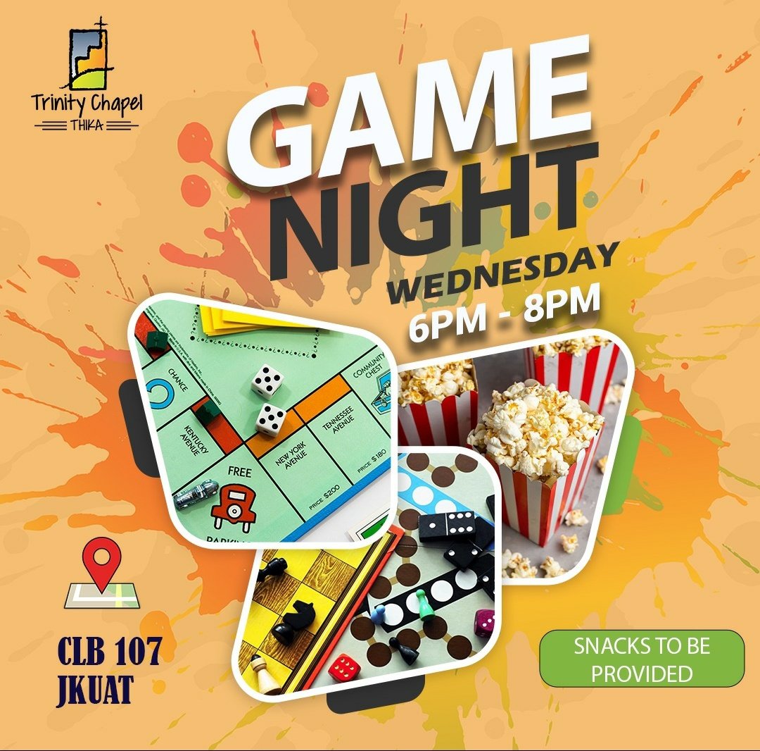 TCThika's tweet photo. WEDNESDAY NIGHTS ARE THE BEST NIGHTS!!

🔥🔥The ultimate GAME NIGHT WEDNESDAY'S plan🔥🔥

JKUAT peeps come to JKUAT (CLB 107) from 6PM and tag along someone.

We are going to have an amazing time with God and others!!
See you then!!

#game_night
#blast_ministry
#impacting_lives https://t.co/wr2OjC7GYQ
