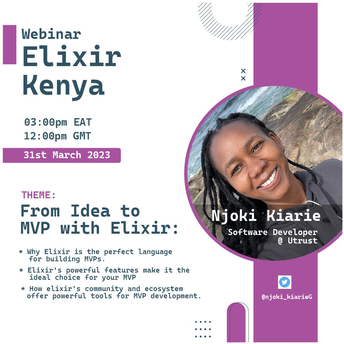 Here's a way to end the month in style 😎😎
 !! With none other than the acquainted <a href="/njoki_kiarieG/">Njoki Kiarie</a> 
Giving a talk From Idea to MVP with Elixir ,
ℹ️     ;Friday the 31st March 
⏲️ ; 3:00PM EAT 
🔗 ;bit.ly/3JEJp0u 
Sign up !!
#myelixirstatus