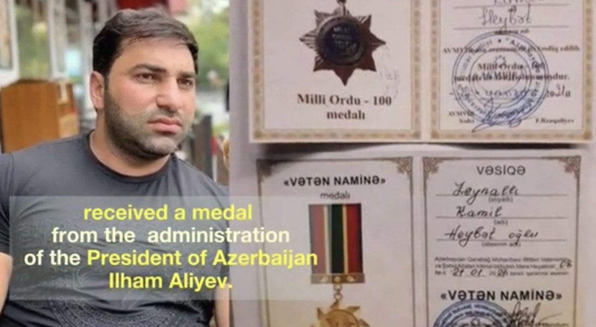 lio___m's tweet photo. Azerbaijani famous blogger Kamil Zeinalli who
was recorded beheading an elderly Armenian civilian…received a medal
from the administration
of the President of Azerbaijan
Ilham Alivev. #Armenophobia #ArmenianGenocide #Armenian https://t.co/6Ivyw7aPsh