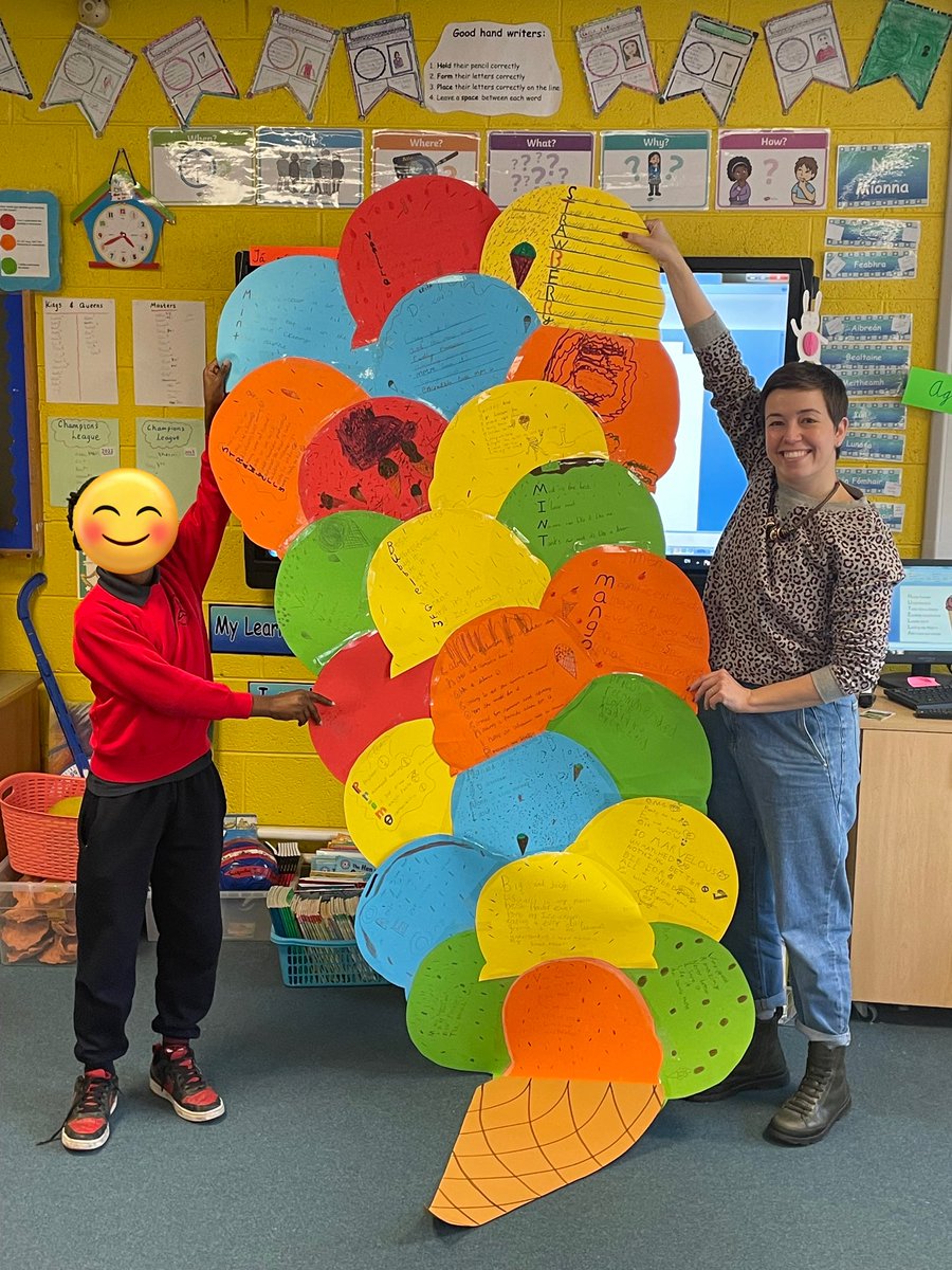 To celebrate #WorldPoetryDay2023 a gigantic 24-scoop acrostic poem ice-cream display was made at St. Joseph’s NS Dundalk! #EveryChildAReader #ReadingCommunities