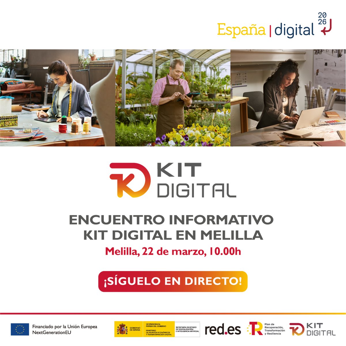 ¡Buenos días!☀️

Tenemos todo preparado ya para arrancar en un ratito el encuentro informativo de #KitDigital en Melilla.

¡Síguelo en directo!📹youtube.com/live/ZLmvuIM7U…

<a href="/_minecogob/">Economía, Comercio y Empresa</a> <a href="/SEDIAgob/">S.E. Digitalización e Inteligencia Artificial</a> #PlanDeRecuperación #NextGenerationEU