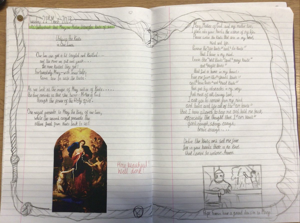 AidanPrimary's tweet photo. Year 5 have been learning about Mary our Mother and how she helps us to untangle knots of sin. https://t.co/f8eRpucHwF