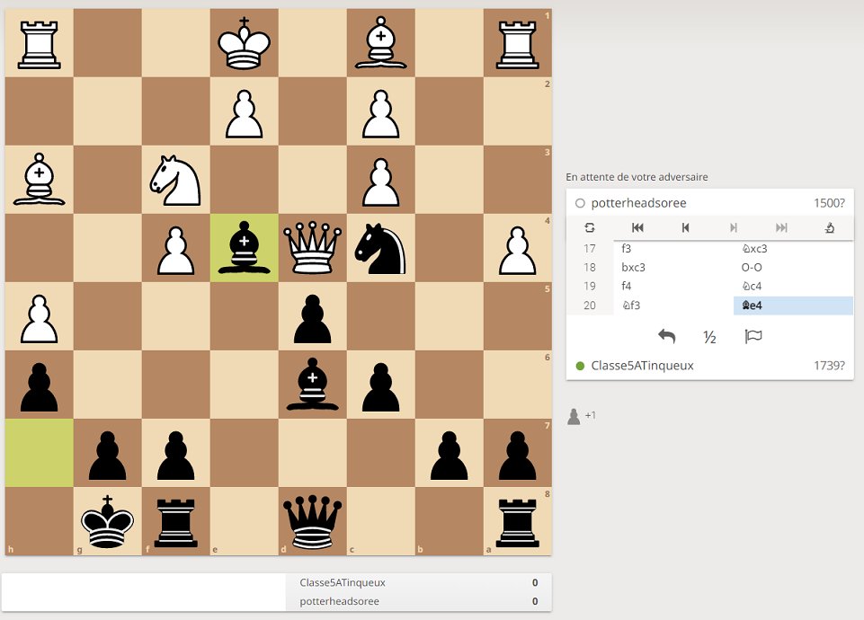 Bonjour <a href="/potterheadsoree/">Catherine Chotard</a> !
Nous jouons notre Fou en e4.
Bonne journée ! #Quotichess