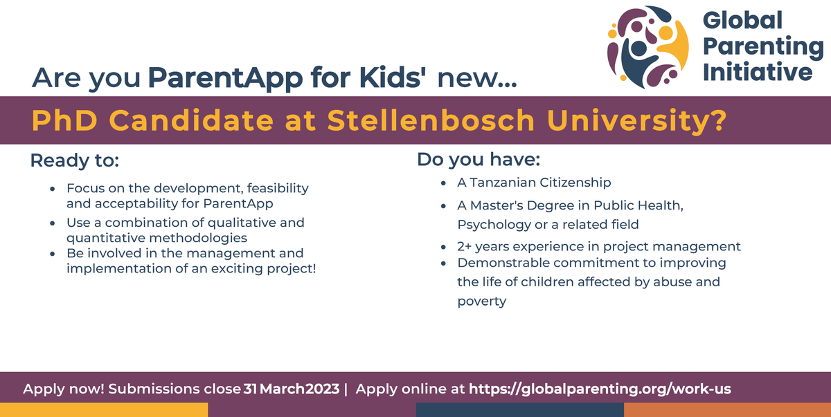 GPI_Parenting's tweet photo. 📅Closing on 31 March 2023! @StellenboschUni @NIMR_Tanzania & GPI’s #ParentApp team seek #DoctoralStudent from #Tanzania to undertake development, feasibility & acceptability research, using combination of #Qualitative & quantitative methodologies!
#Apply https://t.co/3oXwNKh0Rz https://t.co/6f8s2FLAYA