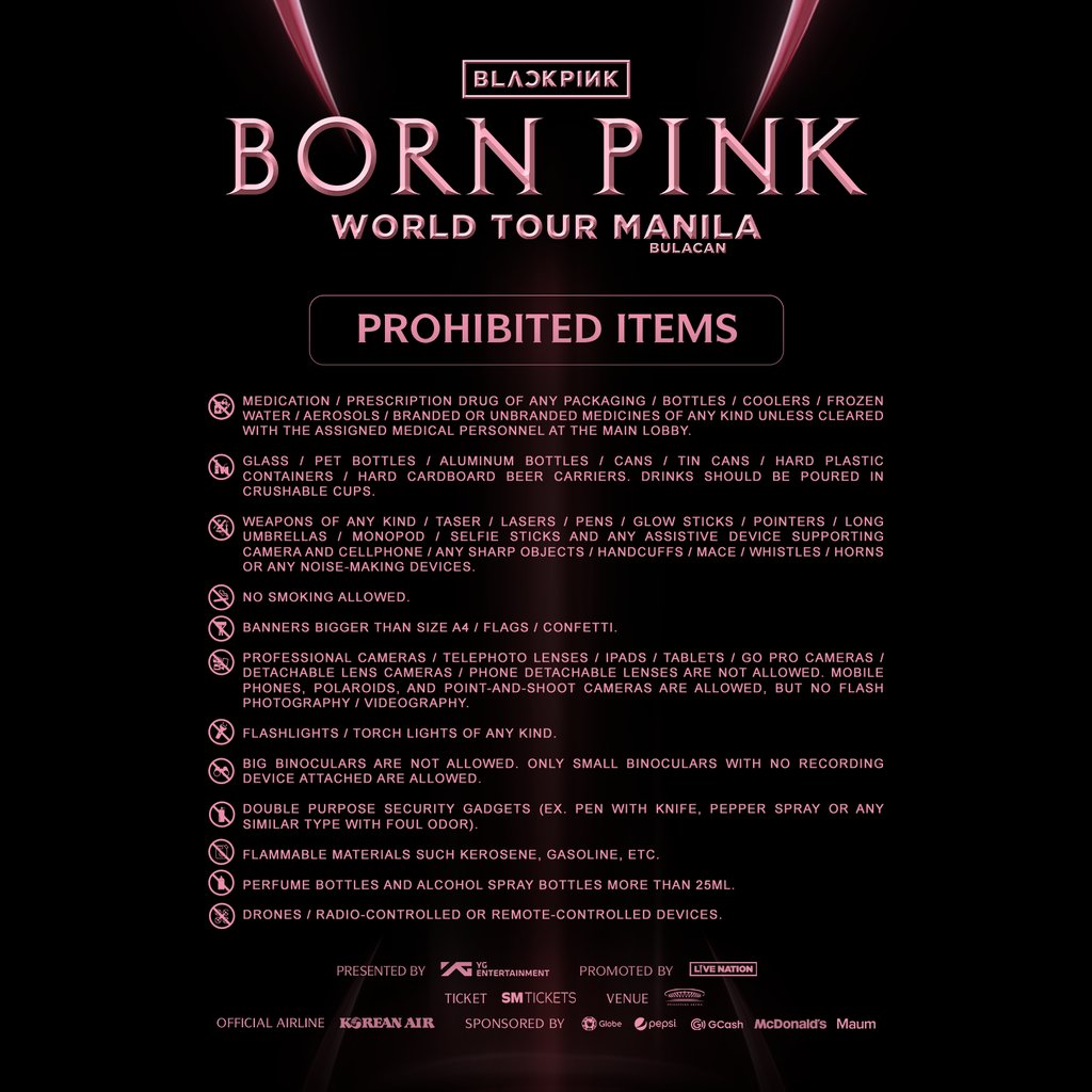 livenationph's tweet photo. Hello BLINK! Make sure to check out the list of what to bring and the prohibited items for BLACKPINK WORLD TOUR [BORN PINK] MANILA (BULACAN) 📣 https://t.co/WC1mrbR5QT