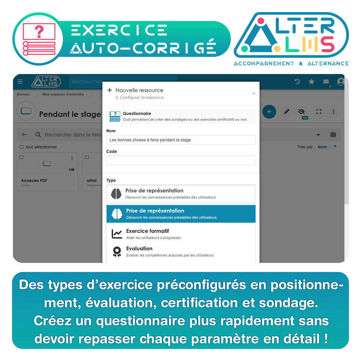Découvrez #AlterLMS pour faciliter la #formation ! Notre logiciel offre une suite d' #outilsauteurs paramétrables pour des #exercicesautocorriges variés et des #parametrages personnalisables. Créez votre banque de questions et économisez du temps ! #pedagogie #edtech #elearning