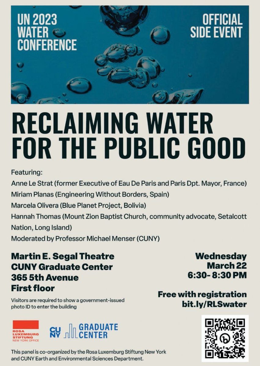 💦 Avui 22/03 #DiaMundialAigua i amb motiu de la #UNWaterConference, la companya <a href="/MirPlaM/">Míriam Planas</a> participarà en l'acte a Nova York "Recuperar l'aigua pel bé comú" juntament amb Anne Le Strat i Marcela Olivera, entre d'altres.

📝 Info: eventbrite.com/e/reclaiming-w…

#DiaMundialAiguaESF
