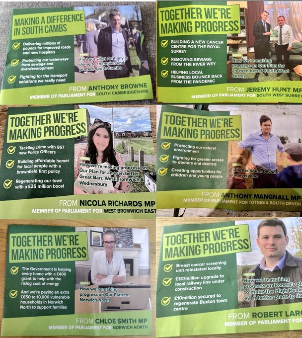 Interesting collage of Tory leaflets that look like the Green Party’s, with no mention of “Conservative” on them HT @SpacesSteve