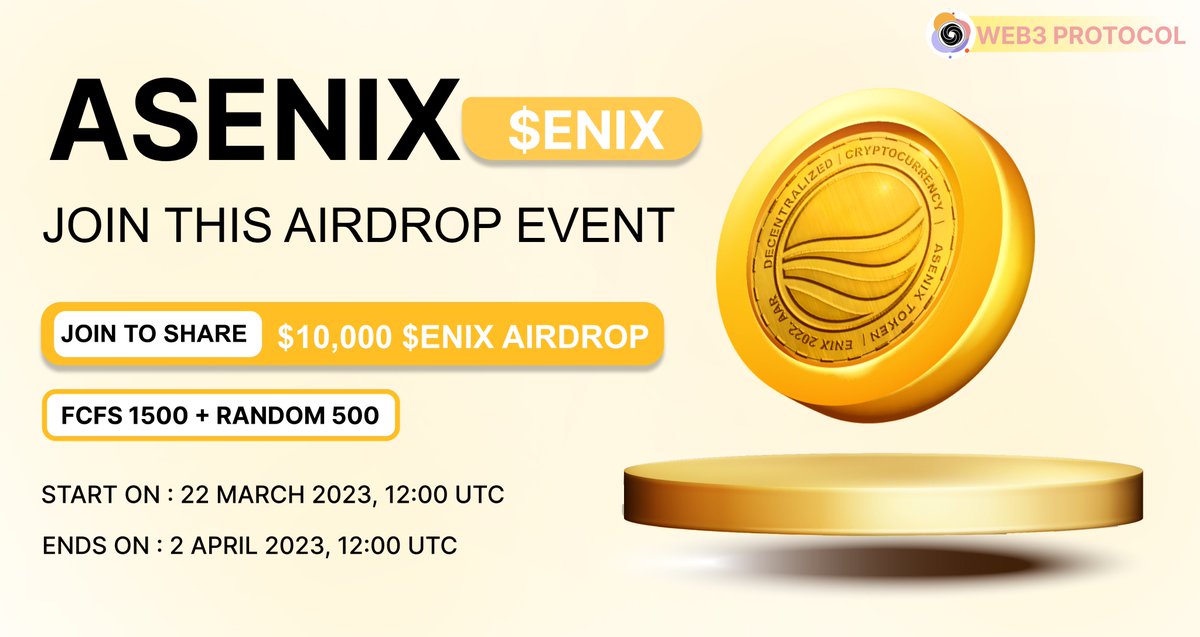 🎉Web3 Protocol X Asenix Big Giveaway

 🏆Prize Pool:- $10,000 $ENIX (FCFS)

To Enter:- 
✔️Follow  <a href="/Web3_Protocol/">Web3 Protocol</a> &amp; @ASENIXtoken
✔️Like and RT 3 friends
✔️ Fill form :- giv.gg/asenix

#Airdrop #Giveaway #Giveaways #Airdrops #asenix