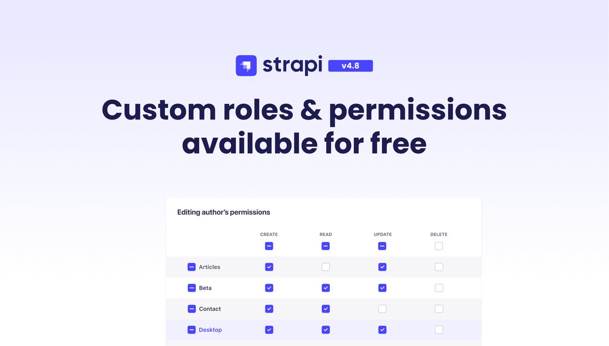 strapijs's tweet photo. BIG NEWS - Custom Roles are now available in @strapijs v4.8. Create an unlimited number of custom roles with granular permissions for free 🕺 https://t.co/WXd1uyb0RO https://t.co/te0gjsrLBb