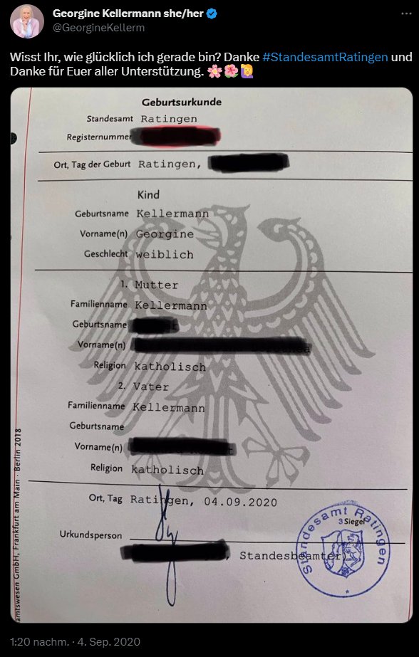 AliCologne's tweet photo. Rechtlich ist Georgine Kellermann seit 2020 eine Frau.
Mögen viele nicht wahrgenommen haben, ist aber so. https://t.co/Rrh5AX35vH