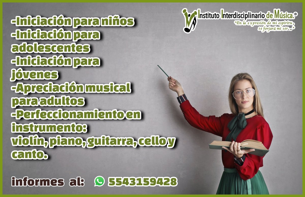 ¡Atención a nuestros cursos!
Clases individuales o grupales hasta 5 integrantes.
😊✨🎶🎵🎶🎵💖🎼🎙️🎹🎻🎸
#clasedemusica #institutointerdisciplinariodemusica #musica #clasepresencial #claseenlinea #canto #violin #piano #cello #guitarra #educacionmusical #IIM #niñosjovenesyadultos