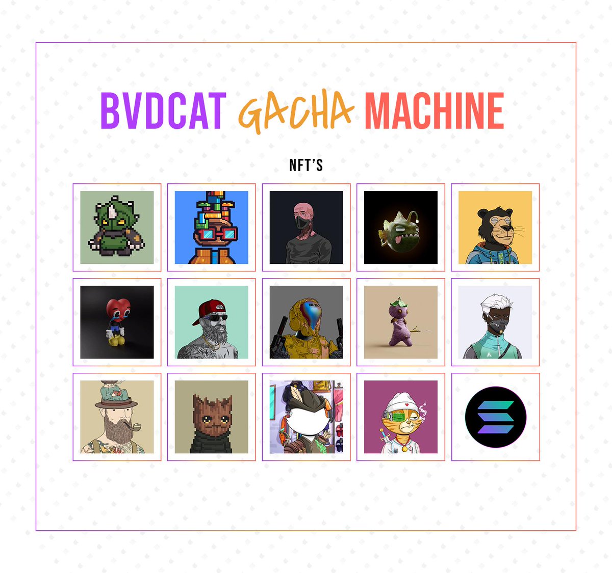 BVDCAT_'s tweet photo. If you haven't noticed. 
The BVD Gacha machine has been restocked!

Including NFT's from;
@LibertySquareHQ 
@toonies_art 
@MetaTattooClub 
@CrittersCult 
@mindfolkART 
@theKnittables 
@SmartSeaSociety 
&amp; two all new traits!

Spin now: https://t.co/szJ7eoDh6T

Gamble responsibly. https://t.co/u2HIqYBAj2