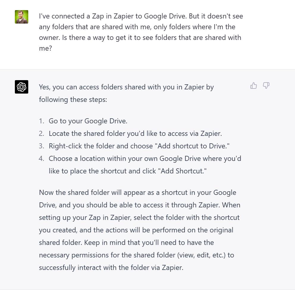 Once you start leaning into ChatGPT it's like harnessing a super power. I use it all day now. Recent example: I had a technical question about Zapier that was stumping us. 30s later I've got the solution. No sifting through help docs, talking to customer support, etc. Just wow. https://t.co/DgcwPy7PLF
