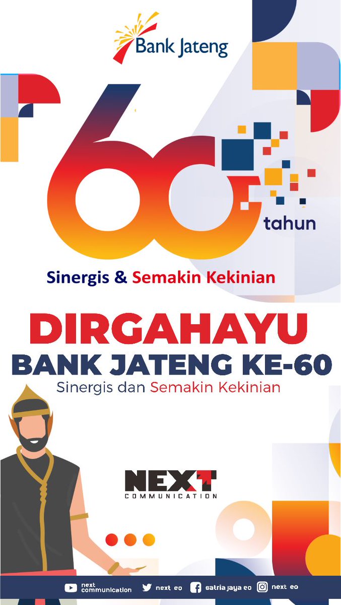 Next_EO's tweet photo. 60 tahun Bank Jateng berkontribusi &amp; berinovasi menghadirkan solusi perbankan dan mewujudkan pelayanan yang optimal bagi seluruh masyarakat
.

Dirgahayu ke 60 @bank_jateng Semoga semakin berjaya dalam menghadirkan solusi perbankan untuk kemajuan masyarakat Indonesia
#sinergitas https://t.co/FfRrzPhYYX