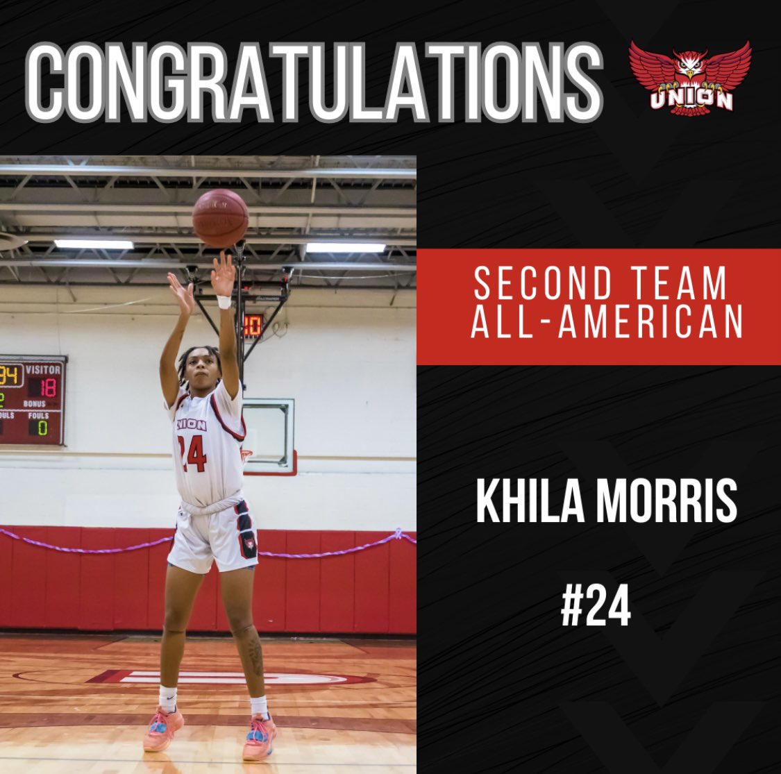 UnionOwls's tweet photo. Hoot hoot hurray! Congratulations to Khila Morris on being named @NJCAA Second Team All-American! 🎉🎉

Finishing the season, Khila averaged 16.1 points per game, 7.2 rebounds per game, and 5.3 assists per game! 💪

Great job Khila! 🎉 #UnionNation🦉 @UnionOwlsWBB https://t.co/RyDIm4vfzW