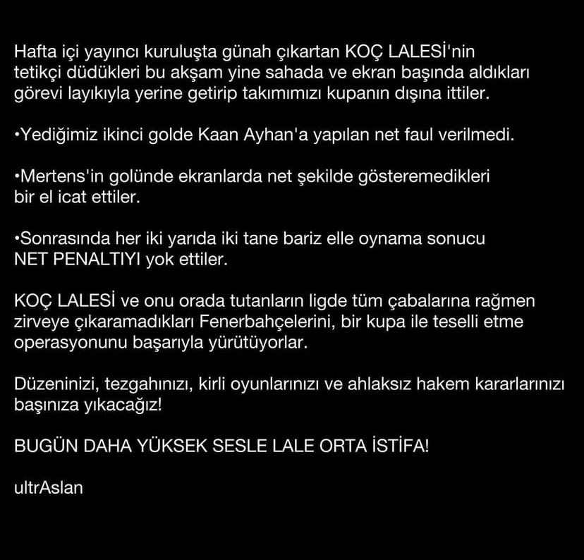 Düzeninizi, tezgahınızı, kirli oyunlarınızı ve ahlaksız hakem kararlarınızı başınıza yıkacağız! ŞİMDİ DAHA YÜKSEK SESLE #LaleOrtaİstifa #ultrAslanUNI