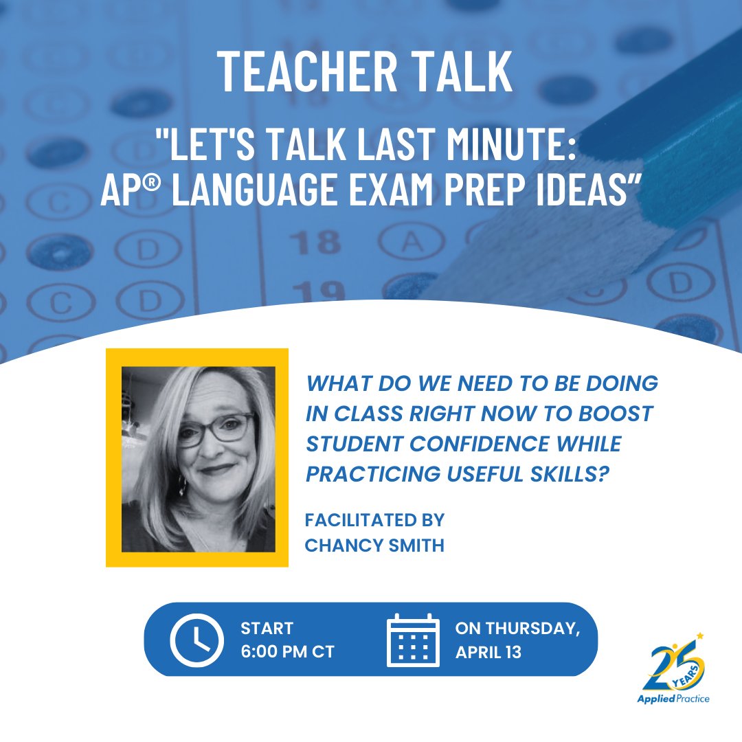AppliedPractice's tweet image. Join @smithAPenglish and @appliedpractice for the final Teacher Talk of the 22-23 school year as we examine some 11th hour activities to move students toward exam success! RSVP at appliedpractice.com/event/teacher-…. #aplang #aplangchat @Brandon_Abdon