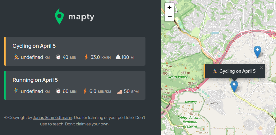 Day 29 of #100daysofcode.  Completed section 15 and finished Jonas' Mapty app... Code-along basically. That was a lot of content, learnt a lot but also feel imposter syndrome... 

#webdeveloper #javascript #CodeNewbie