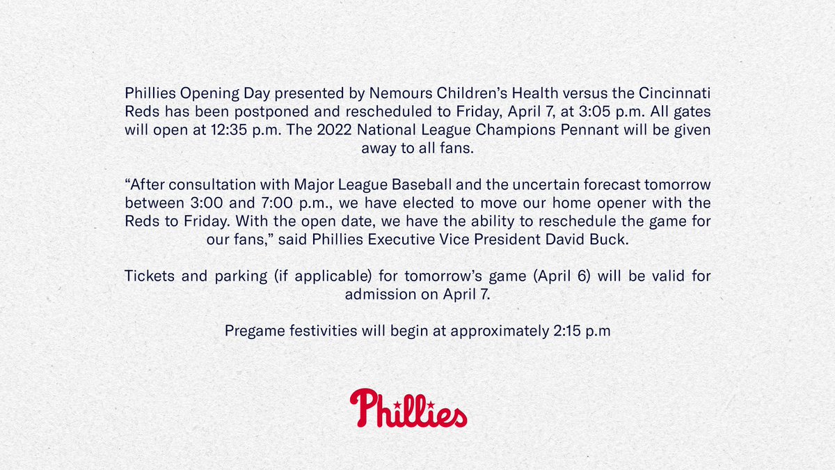 Phillies's tweet photo. Phillies Opening Day presented by Nemours Children's Health vs. the Cincinnati Reds has been postponed and rescheduled to Friday, April 7, at 3:05 p.m. https://t.co/fnMOGtZJIM