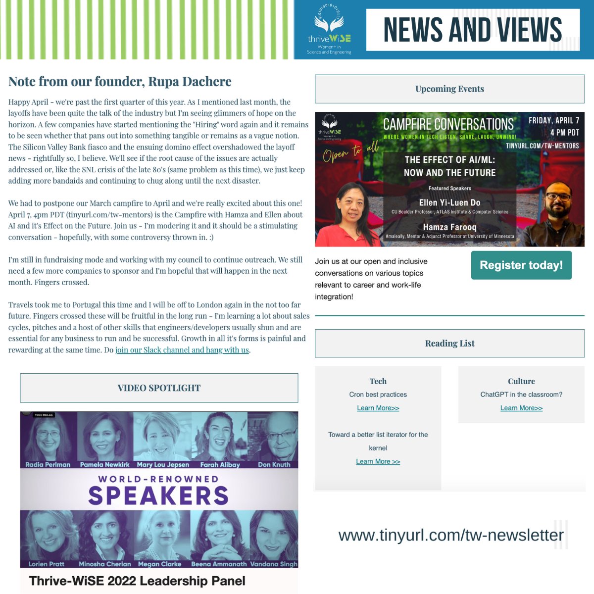 Check out our April 2023 newsletter!
Campfire on Apr 7, ChatGPT in the classroom & cron best practices.

Subscribe today at tinyurl.com/tw-newsletter!

#thrive-wise #womeninscience #womeninengineer #womenintech #womeninproduct #womenprogrammanagers #womenprojectmanagers