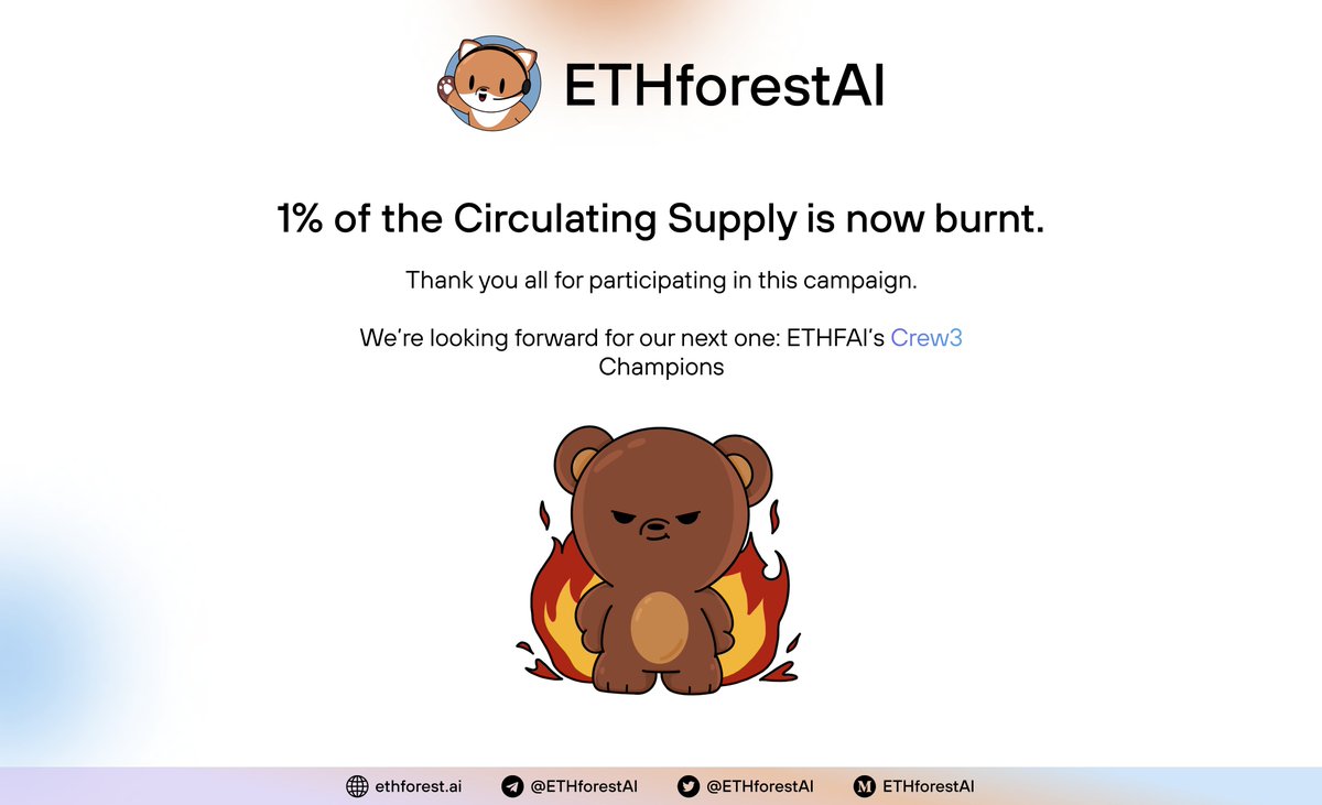 ETHforestAI's tweet photo. Day 5 is over and we #burn the final 0.2% of $ETHFAI from our circulating supply🔥🚒

But do not worry, tis' was but a taste of whats to come!

As always, don't get left behind - buy $ETHFAI 💰
#ETHFAI #AI #Arbitrum #Crypto #Web3 #progress https://t.co/H1prd2DpAy
