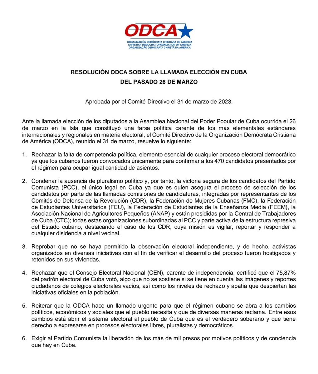 ODCA's tweet photo. Ante la llamada elección de los diputados a la Asamblea Nacional del Poder Popular de Cuba el 26 de marzo que constituyó una farsa política carente de los elementales estándares en materia electoral, el Comité Directivo de la ODCA resolvió:
#SomosODCA
#ODCAEnElMundo
#ODCAConCuba https://t.co/8HK9QjhJsr