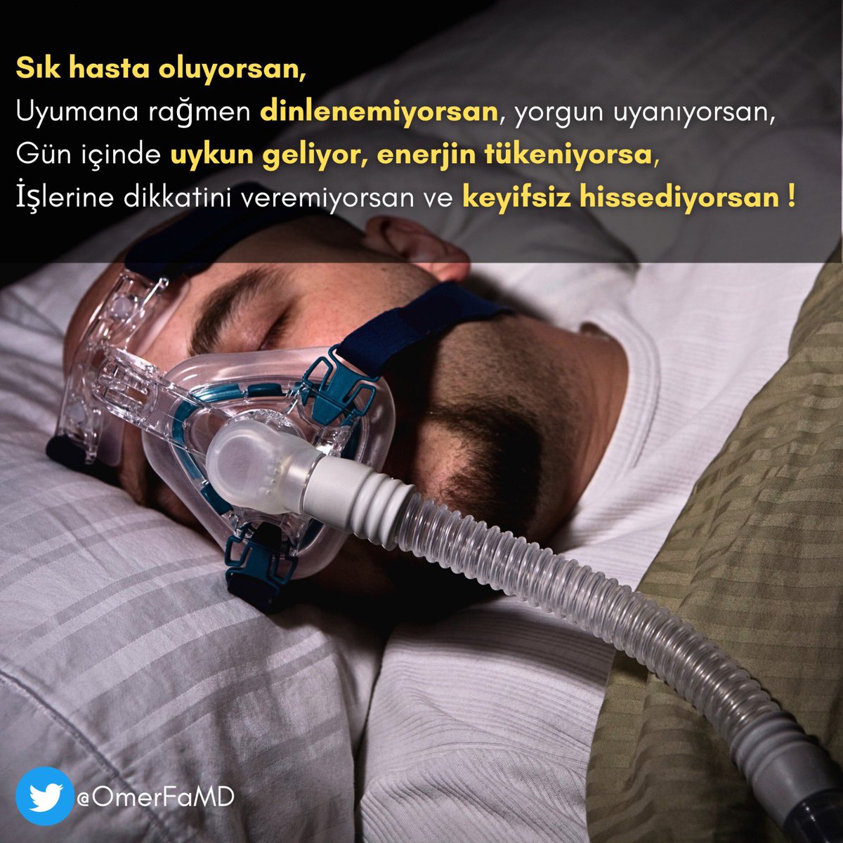 OmerFaMD's tweet image. Gündüz yoğun, hareketsiz, stresli ve yorucu geçiyor,

Son zamanlarda biraz kilo aldın, sabah yorgun ve vücut ağrılarıyla uyanıyorsun…

Son zamanlarda en az 1 kez göğüs ağrısı yaşadıysan Sende #UYKUBOZUKLUĞU ve #OSAS olabilir.

Bir göğüs hastalıkları uzmanına görün 👍🏻