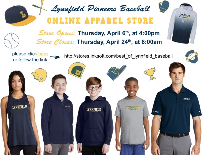 Lynnfield Pioneers Baseball Online Apparel Store opens tomorrow 4/6 at 4PM! 
Don’t miss out on the hottest gear of the season, while repping #LynnfieldBaseball 
#LynnfieldLittleLeague
#Wednesday
#WednesdayVibes 
#Baseball 

stores.inksoft.com/best_of_lynnfi…