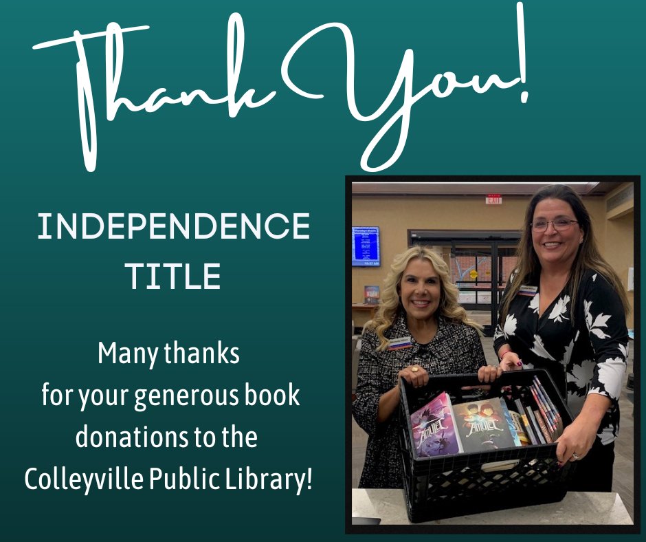 ColleyLibrary's tweet image. A month-long book drive by local Colleyville business, Independence Title, generated a collection of youth, young adult, and adult books benefitting the Colleyville Public Library.  Thank you to Heather Awtrey and Michelle Hilton of Independence Title!